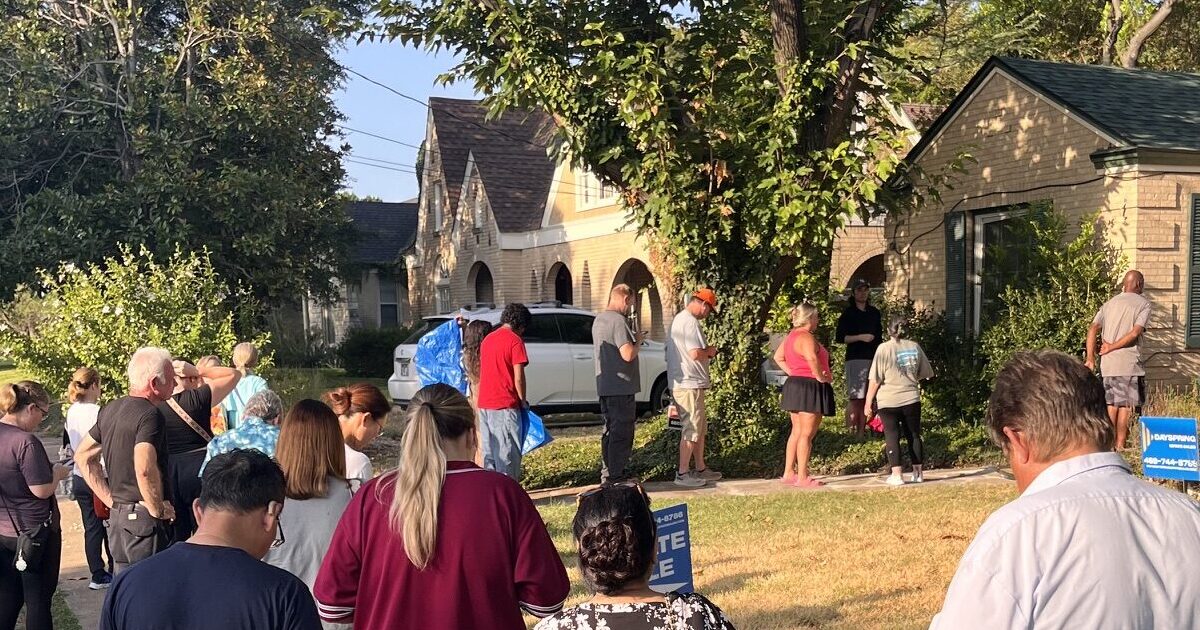Estate-sale shoppers waiting in line outside a home