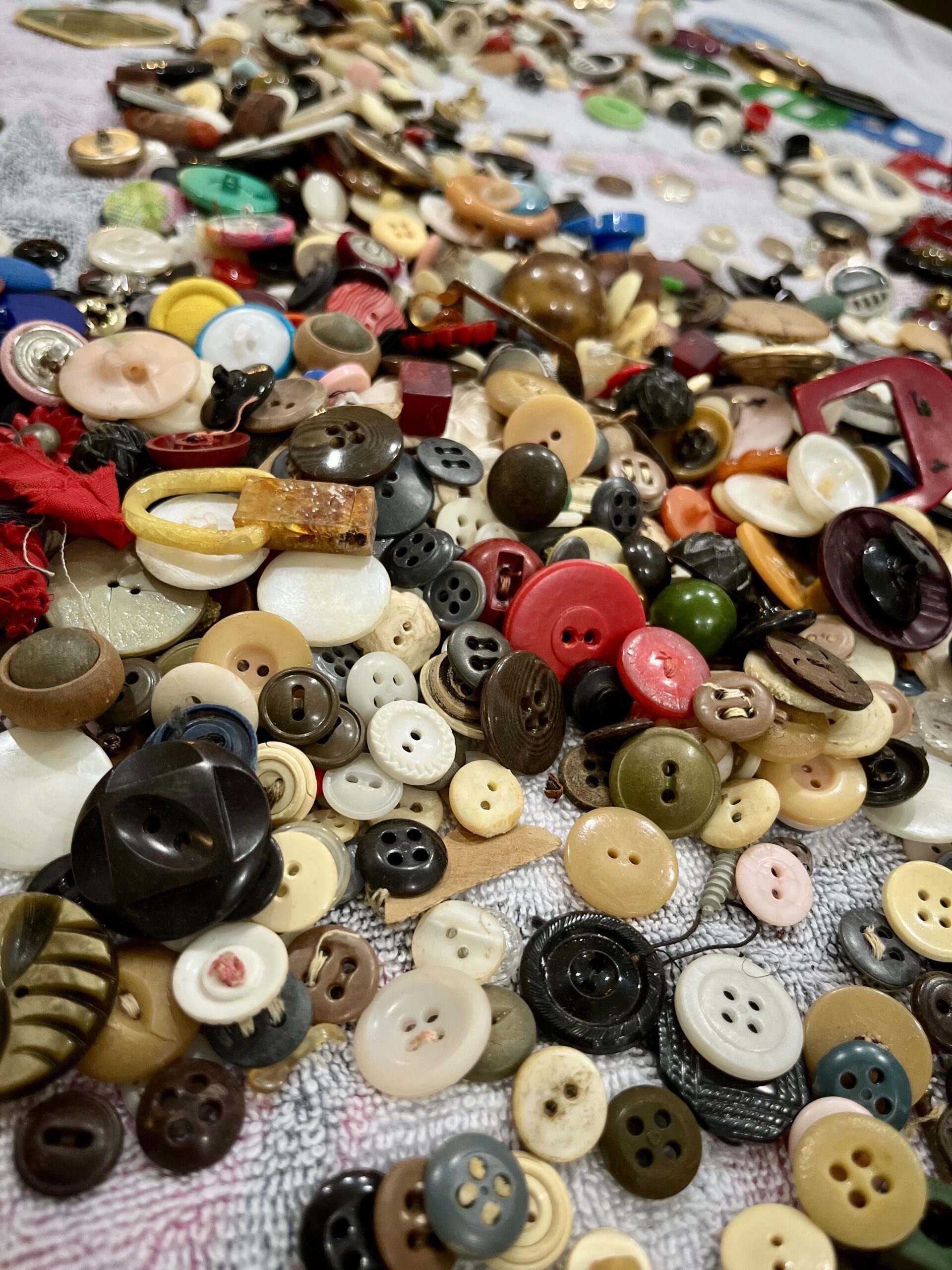 Vintage button collection from an estate sale, illustrating the estate sale vs. auction decision families often face.